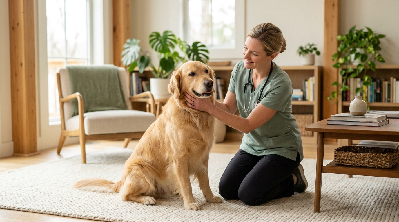Veterinarian examining a calm dog at home